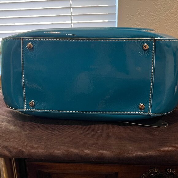Unused Kate Spade Teal Patent Leather Satchel Bag Structured White Stitching - Picture 9 of 12